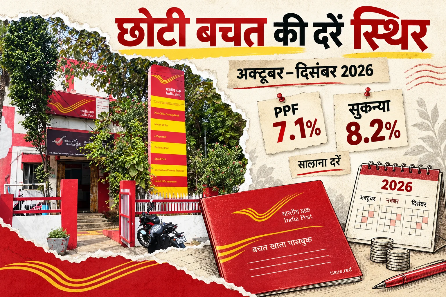 क्रीम कागज के कोलाज में विजयवाड़ा के डाकघर की पुरानी फोटो और बचत पासबुक व कैलेंडर के रेखाचित्र