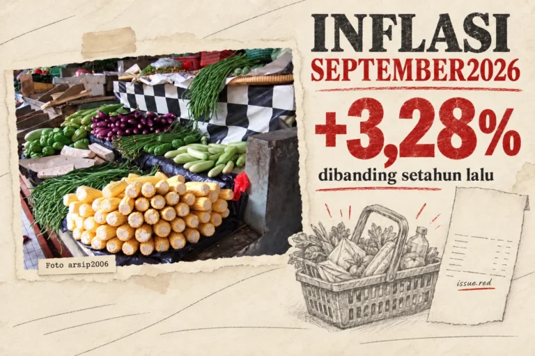 Kolase kertas krem dengan foto arsip sayuran Jakarta dan angka inflasi September 2026 sebesar 3,28 persen tahunan