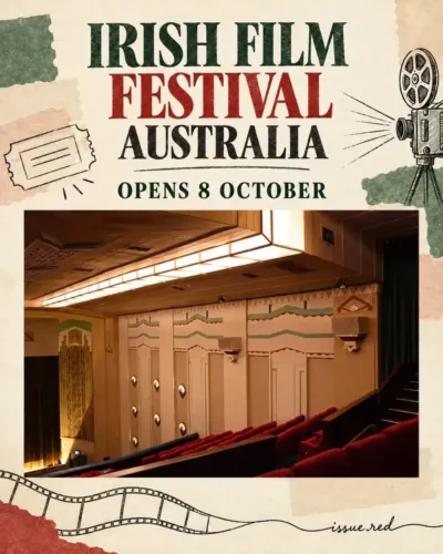 Cream-paper collage for the 2026 Irish Film Festival Australia. Its framed archival photo shows Cinema One at The Ritz in Randwick, Sydney, in 2020, not the festival venue.