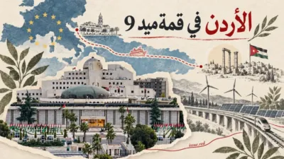 كولاج على ورق كريمي يدمج صورة مبنى البرلمان الأردني مع خطوط مرسومة تربط عمّان وسبليت ورموز للطاقة والسكك الحديدية؛ غلاف توضيحي لا يصوّر القمة الفعلية