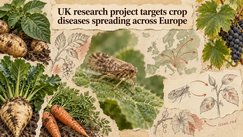 Editorial collage showing a planthopper on a leaf among potato, sugar beet, carrot and grape leaves; an illustration, not a photograph of a UK outbreak.