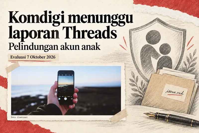 Kolase kertas krem dengan foto arsip ponsel, gambar perisai keluarga, map laporan, pena, dan judul tentang pelindungan akun anak di Threads
