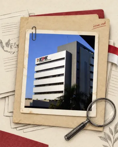 Kolase kertas krem dengan foto arsip gedung KPK di Kuningan tahun 2007, lembar berkas dan kaca pembesar bergambar pena; tanda issue.red muncul satu kali.