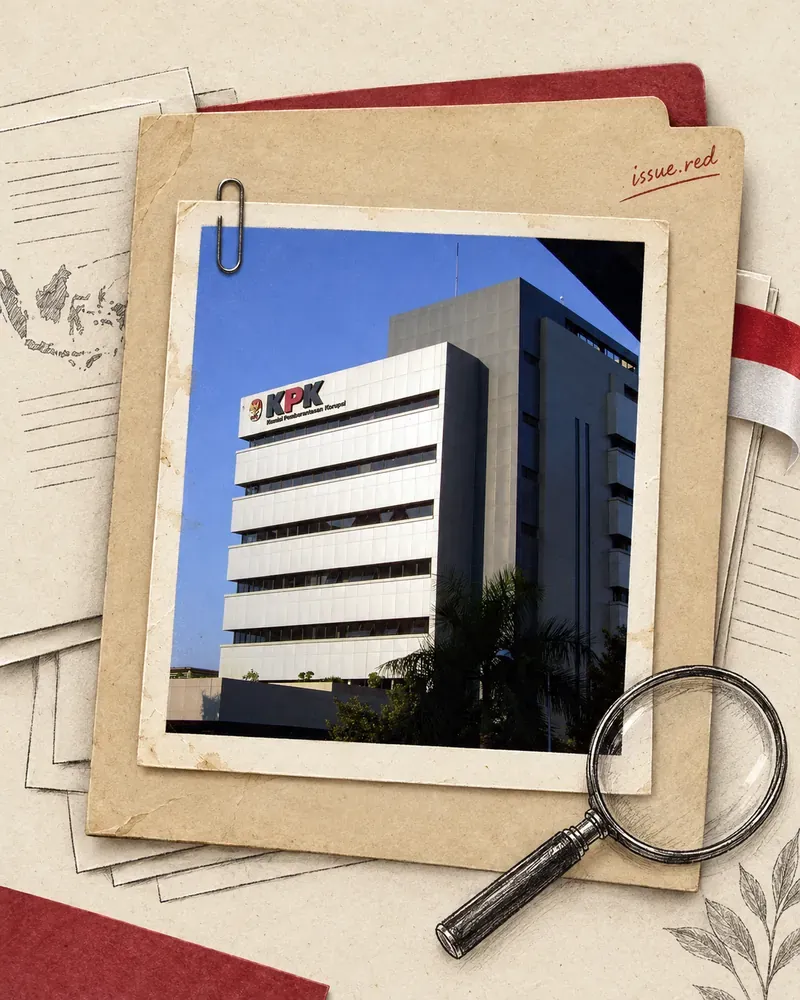Kolase kertas krem dengan foto arsip gedung KPK di Kuningan tahun 2007, lembar berkas dan kaca pembesar bergambar pena; tanda issue.red muncul satu kali.