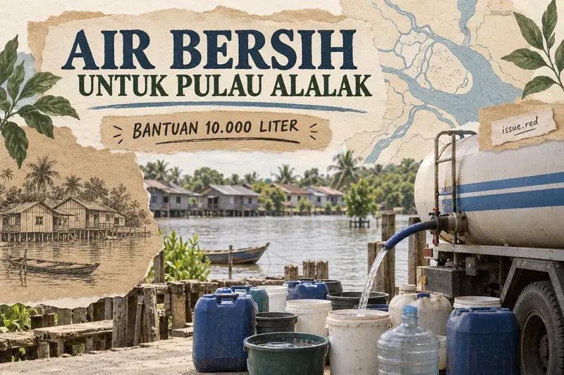 Ilustrasi tangki air dan wadah air di permukiman tepi sungai