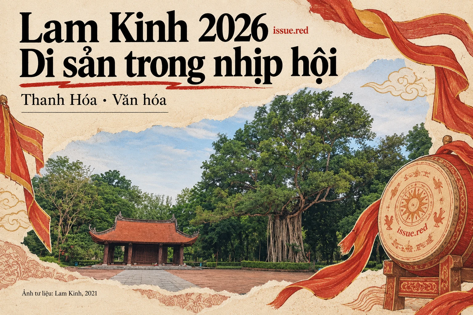 Collage giấy màu kem với ảnh tư liệu Lam Kinh, trống và dải vải lễ hội vẽ tay