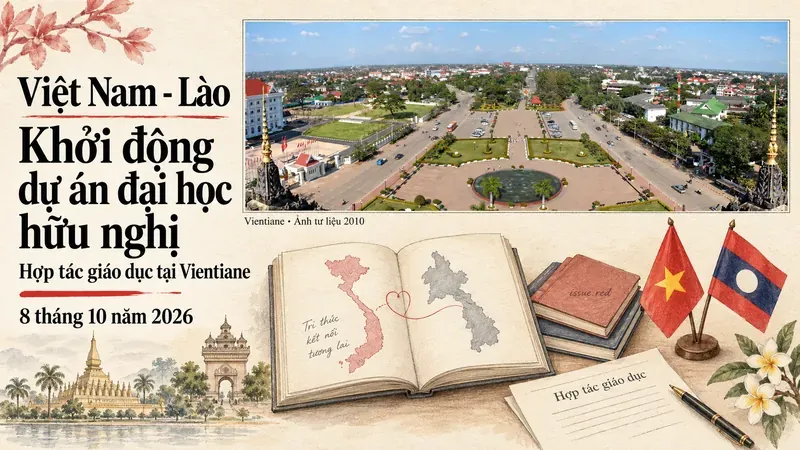 Collage giấy màu kem với ảnh tư liệu toàn cảnh Vientiane năm 2010, hình vẽ sách và cờ Việt Nam, Lào về dự án đại học hữu nghị