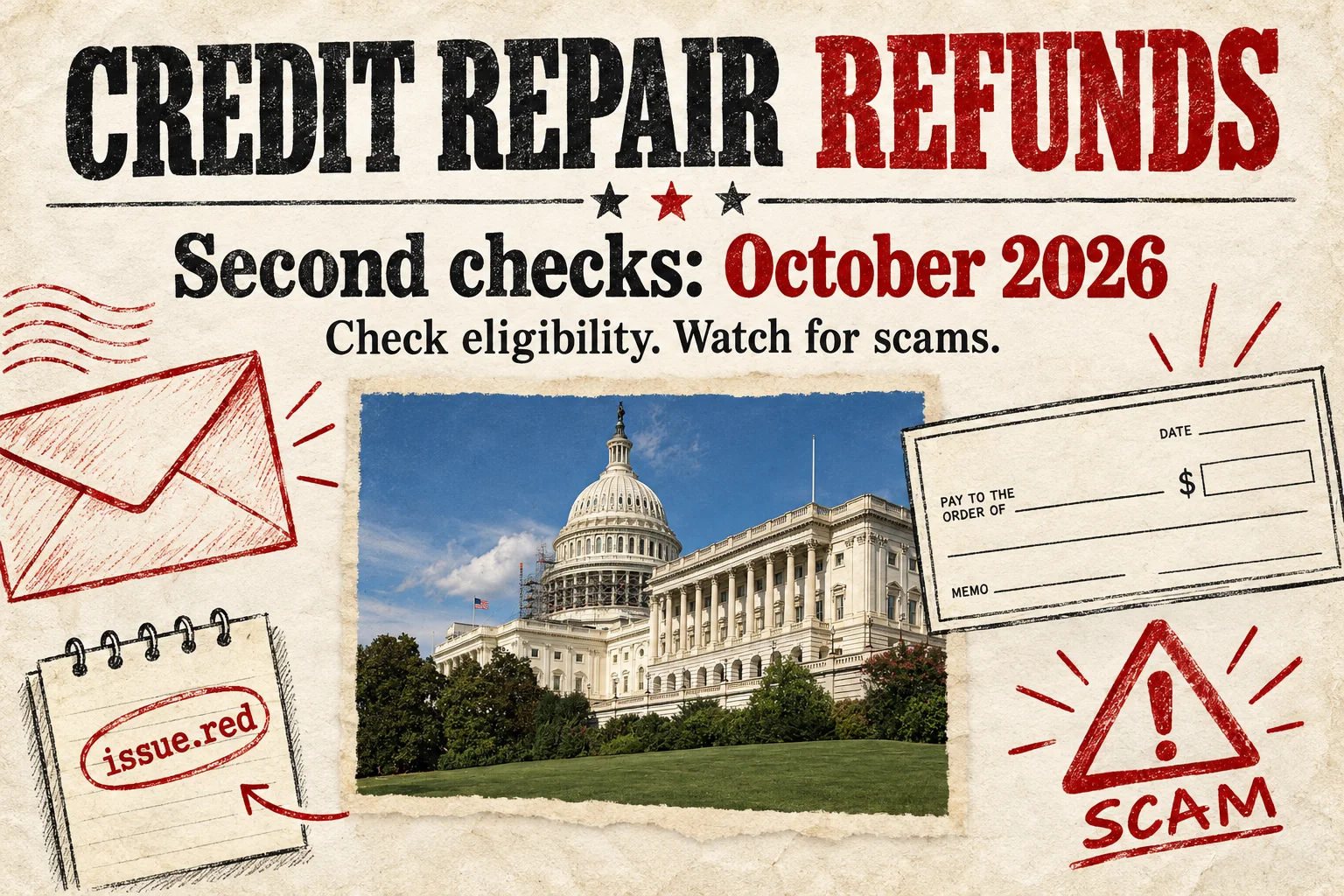 Cream paper collage with an archival U.S. Capitol photograph and drawings of an envelope and scam warning