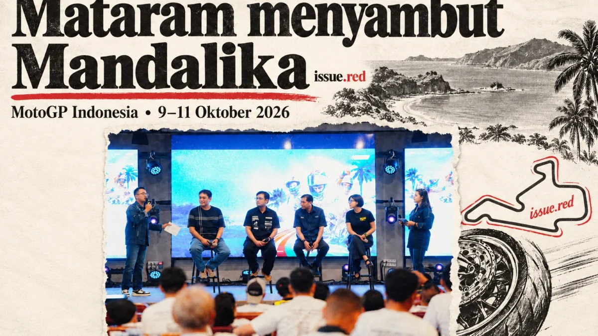 Kolase kertas krem dengan foto asli kegiatan Mataram dan ilustrasi, dirangkai menggunakan AI