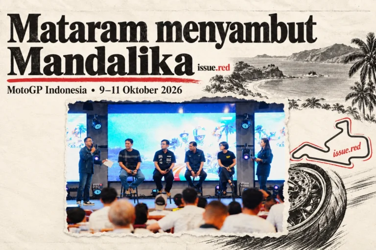 Kolase kertas krem dengan foto asli kegiatan Mataram dan ilustrasi, dirangkai menggunakan AI