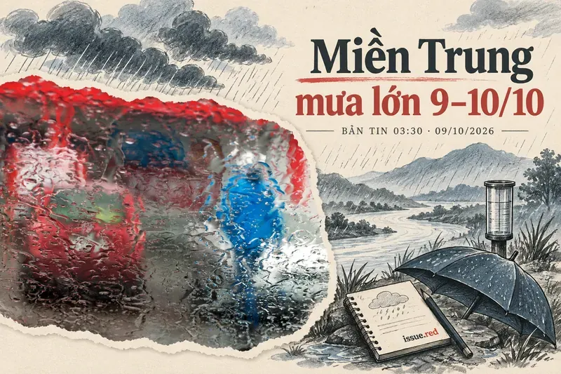 Tranh ghép giấy kem kết hợp ảnh minh họa mưa trên kính xe với nét vẽ mây, sông và sườn đồi; bản tin 03h30 ngày 9/10/2026