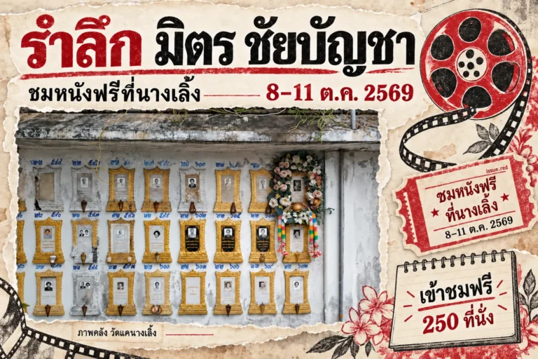 คอลลาจกระดาษครีมผสมภาพสถานที่บรรจุอัฐิมิตร ชัยบัญชาที่วัดแคนางเลิ้งกับลายวาดม้วนฟิล์ม