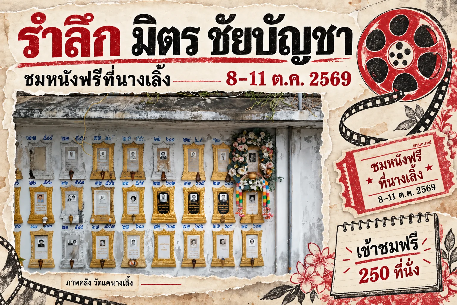 คอลลาจกระดาษครีมผสมภาพสถานที่บรรจุอัฐิมิตร ชัยบัญชาที่วัดแคนางเลิ้งกับลายวาดม้วนฟิล์ม