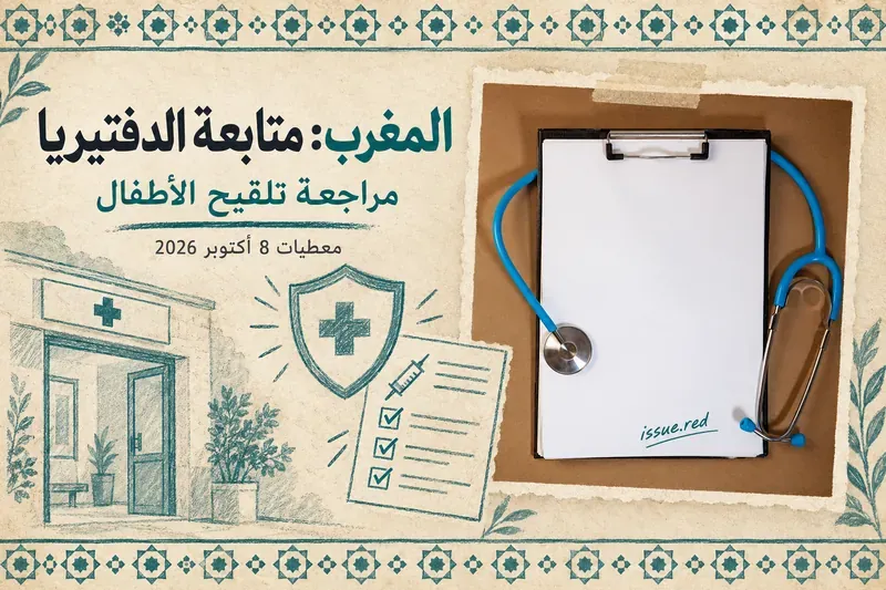 كولاج على ورق كريمي يضم صورة أرشيفية لسماعة طبية ولوحة ورقية، ورسومات لعيادة وقائمة متابعة التلقيح، مع تاريخ معطيات 8 أكتوبر 2026