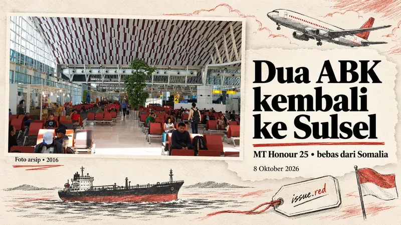 Kolase kertas krem dengan foto arsip terminal Sultan Hasanuddin tahun 2016, gambar kapal dan pesawat, serta judul dua ABK kembali ke Sulsel