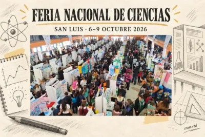 Feria Nacional de Ciencias en San Luis, del 6 al 9 de octubre de 2026, con estudiantes junto a sus proyectos y dibujos de matemática