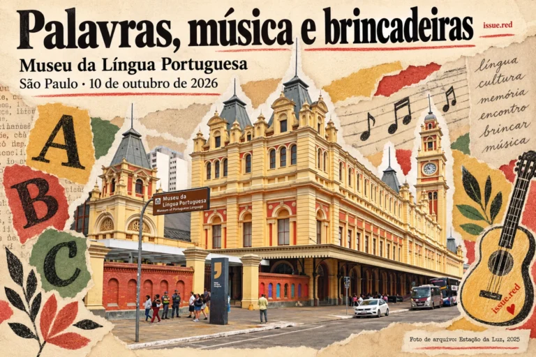 Colagem de papel creme com foto da Estação da Luz, letras desenhadas e violão