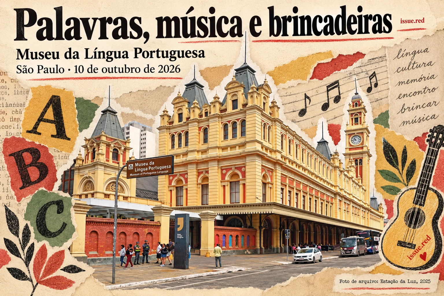 Colagem de papel creme com foto da Estação da Luz, letras desenhadas e violão