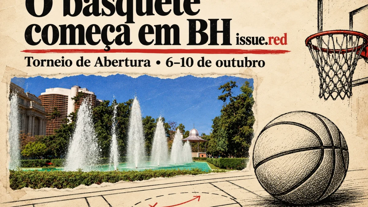 Colagem de papel creme com foto de arquivo de Belo Horizonte e desenhos de basquete, montada com IA