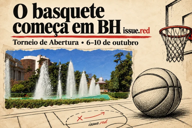 Colagem de papel creme com foto de arquivo de Belo Horizonte e desenhos de basquete, montada com IA