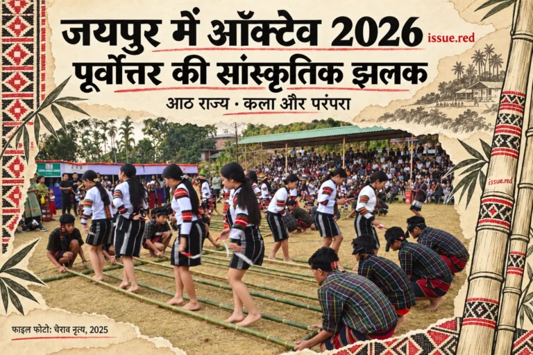 क्रीम पेपर कोलाज में चेराव नृत्य की फाइल तस्वीर और बांस तथा वस्त्र-पैटर्न के चित्र