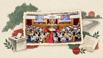 क्रीम कागज के कोलाज में ओडिशा विधानसभा के सत्र की पुरानी तस्वीर, राज्य की रूपरेखा और मतदान-पेटी का रेखाचित्र