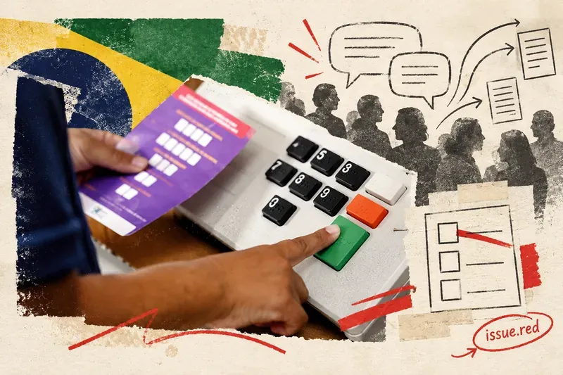 Colagem em papel creme com foto de arquivo de uma eleitora usando urna eletrônica brasileira, silhuetas em conversa e desenho de uma cédula. A imagem de arquivo é de 2022, não da eleição de 2026.