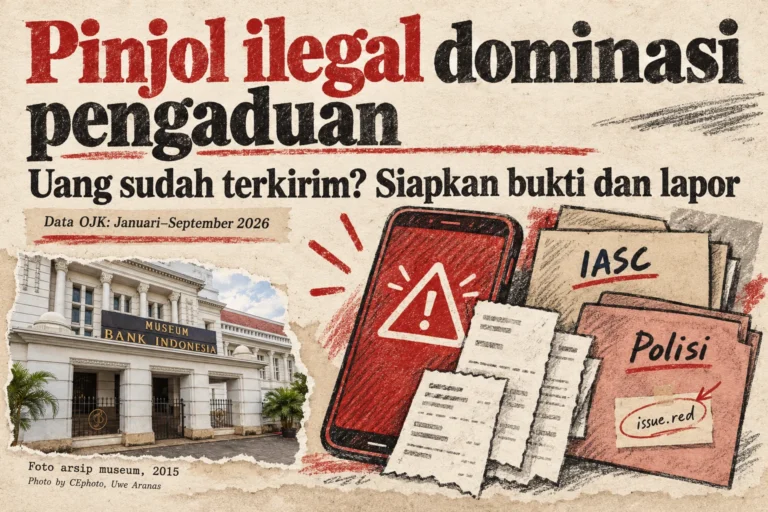 Kolase ilustratif dengan foto arsip Museum Bank Indonesia dan gambar ponsel serta berkas laporan penipuan