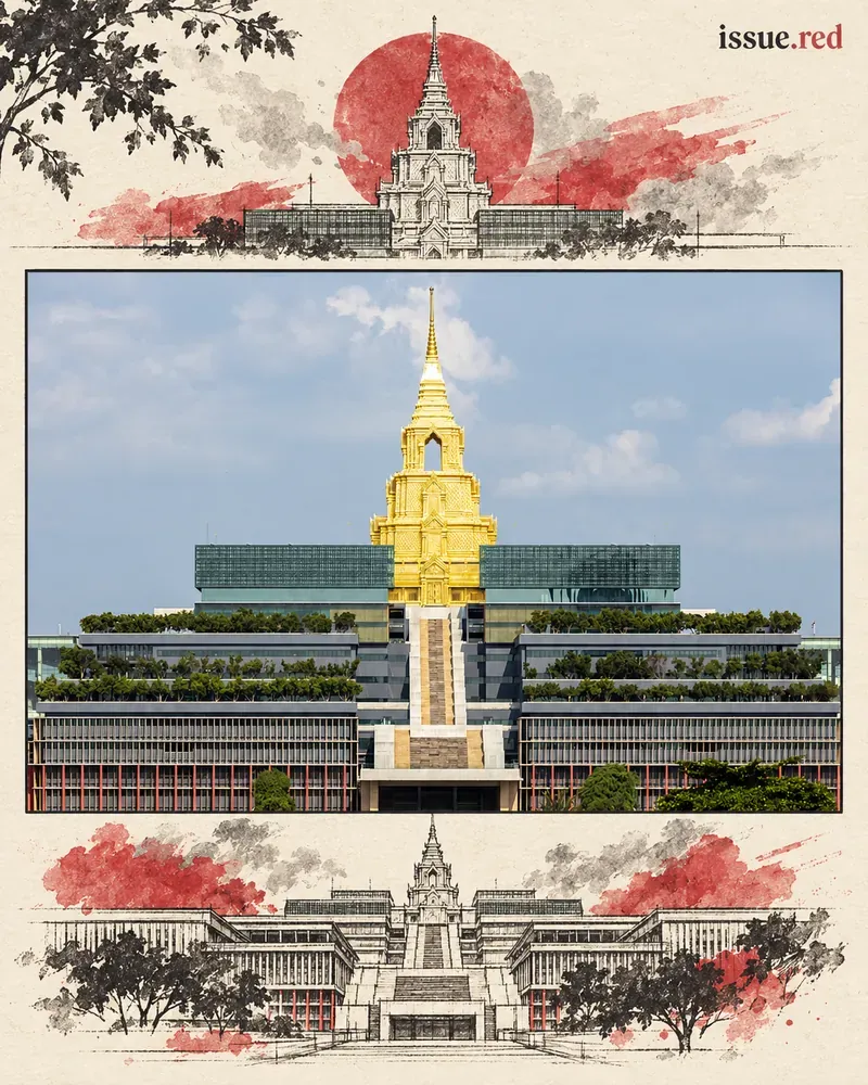 ภาพคอลลาจกระดาษโทนครีมแสดงภาพถ่ายเต็มกรอบของอาคารรัฐสภาสัปปายะสภาสถาน พร้อมลายวาดสถาปัตยกรรมและชื่อ issue.red หนึ่งจุด
