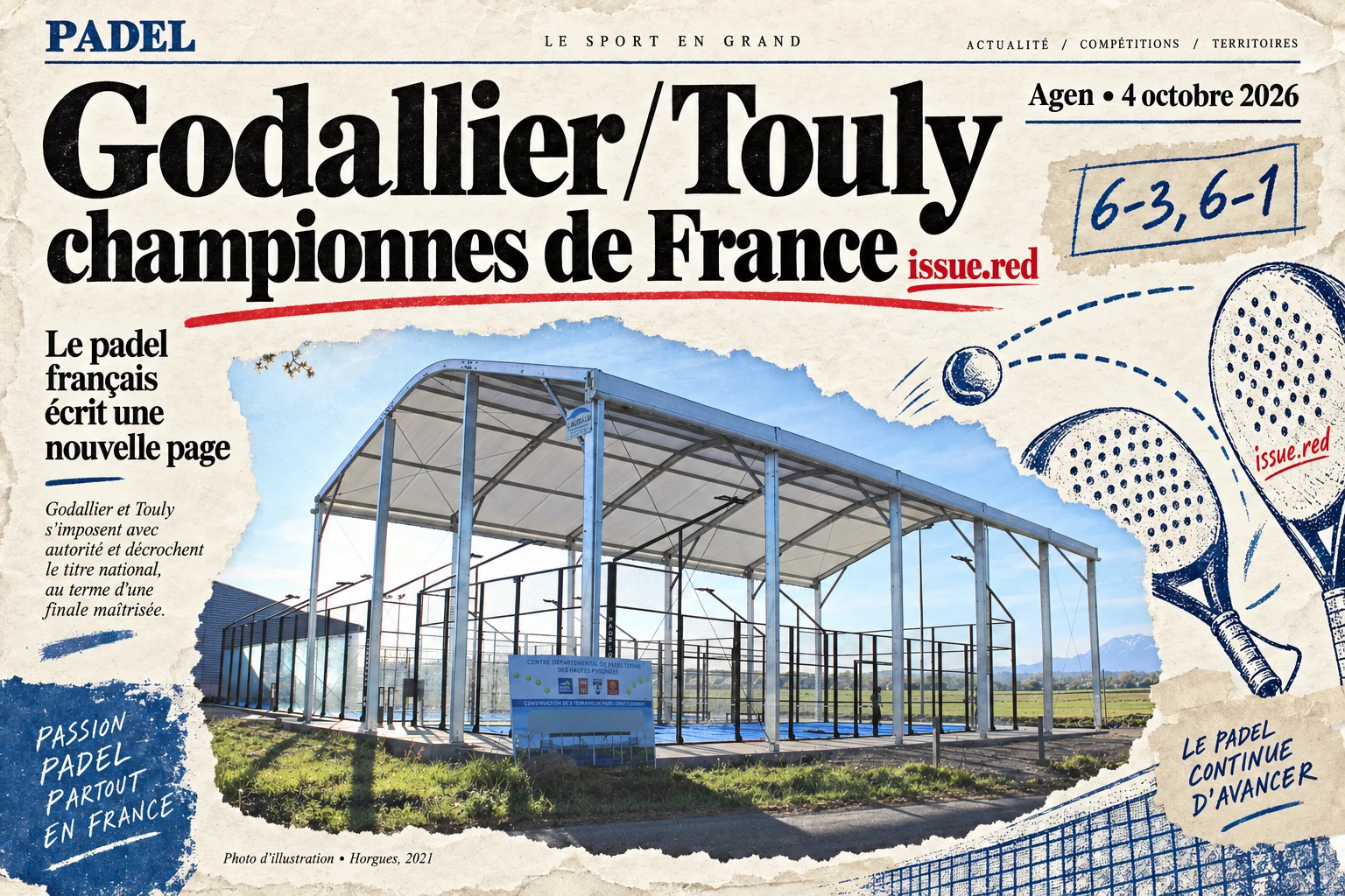 Collage de papier crème sur le titre de Godallier et Touly, photo illustrative de Horgues et dessins de padel