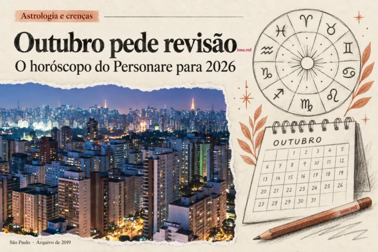 Colagem em papel creme com foto de arquivo de São Paulo e desenhos de calendário, zodíaco e lápis