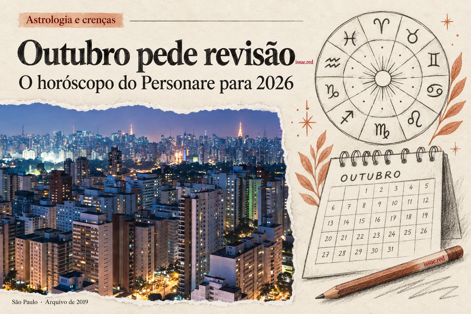 Colagem em papel creme com foto de arquivo de São Paulo e desenhos de calendário, zodíaco e lápis