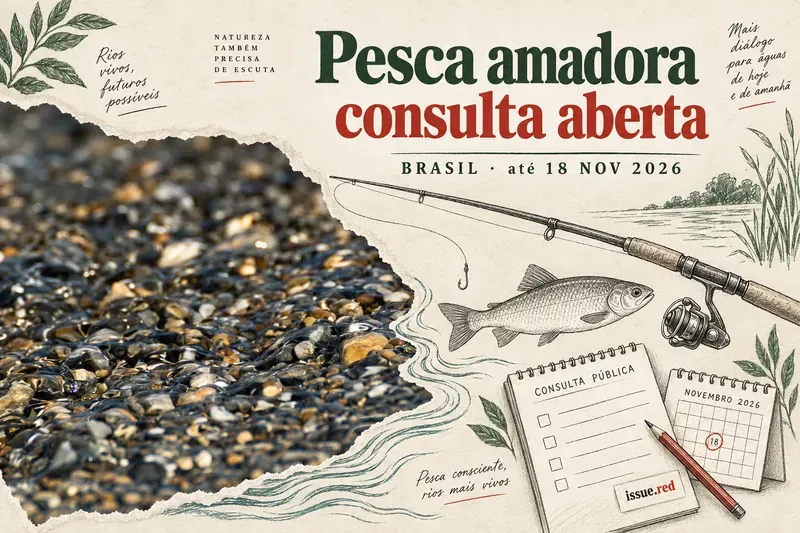Colagem em papel creme com fotografia ilustrativa de água e pedras, desenhos de vara de pesca, peixe, formulário e calendário; Brasil, consulta até 18 de novembro de 2026