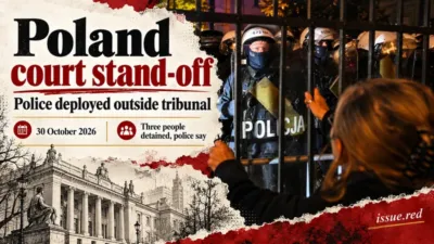 Collage using the supplied police photograph with Warsaw court drawings