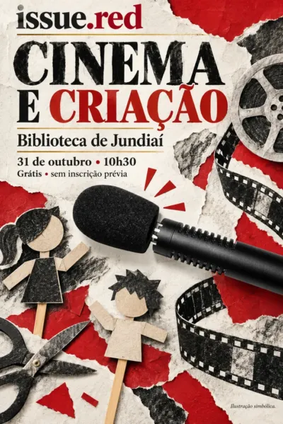 Colagem com microfone de arquivo e desenhos simbólicos de fantoches de papel e rolo de filme