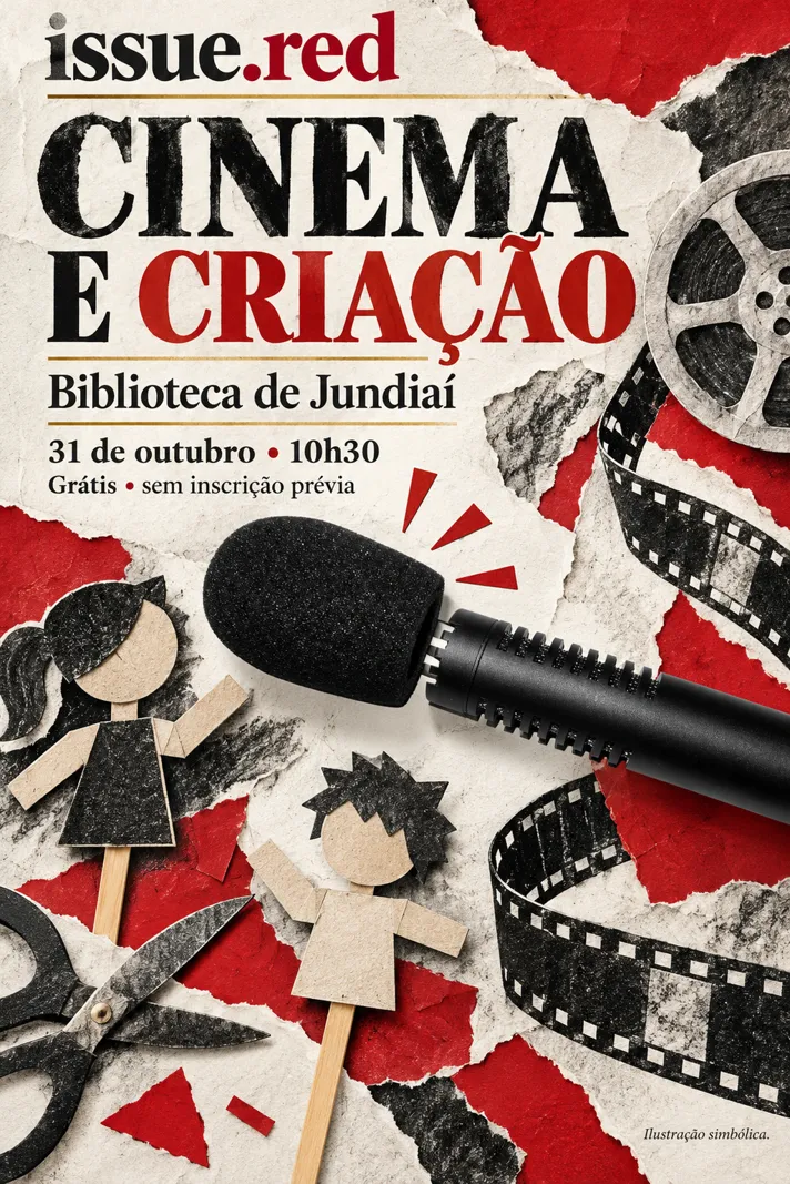 Colagem com microfone de arquivo e desenhos simbólicos de fantoches de papel e rolo de filme