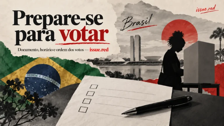 Ilustração editorial de cabine de votação e lista em papel, sem candidatos ou votos identificáveis