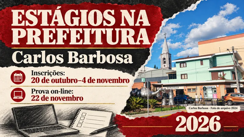 Colagem sobre seleção de estagiários da Prefeitura com fotografia de arquivo da cidade de Carlos Barbosa