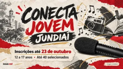 Colagem simbólica de microfone de arquivo e desenhos de linguagens artísticas, sem retratos de participantes