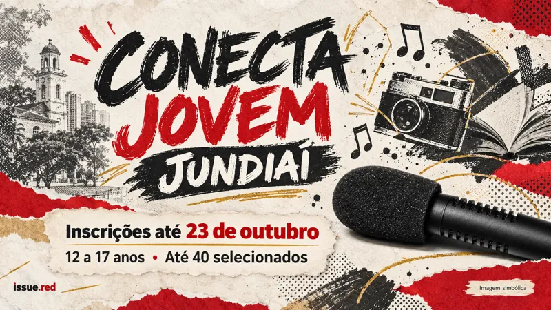 Colagem simbólica de microfone de arquivo e desenhos de linguagens artísticas, sem retratos de participantes