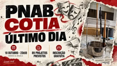 PNAB Cotia:18outubro23h59Brasília,89projetos previstos,inscrição gratuita;foto ilustrativa de pincéis.