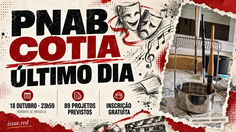 PNAB Cotia:18outubro23h59Brasília,89projetos previstos,inscrição gratuita;foto ilustrativa de pincéis.