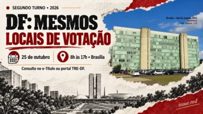 Colagem editorial sobre locais de votação no DF com foto de arquivo de Brasília e desenhos de calendário e localização