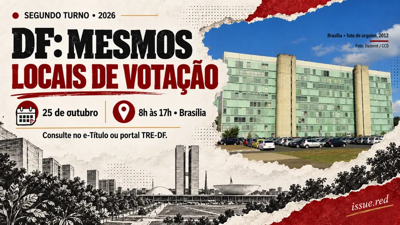 Colagem editorial sobre locais de votação no DF com foto de arquivo de Brasília e desenhos de calendário e localização