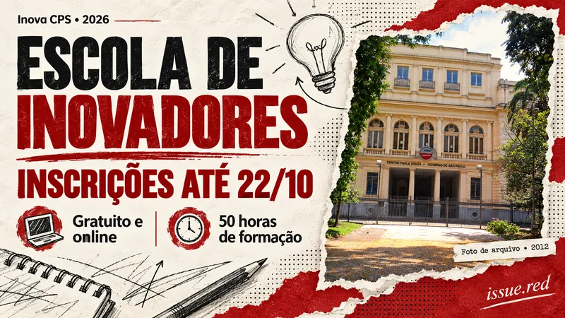 Colagem editorial com fotografia de arquivo de edifício do Centro Paula Souza e desenhos ilustrativos de ideias e estudos