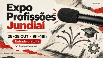 Colagem simbólica com microfone de arquivo e desenhos de caderno, ferramentas e caminhos profissionais; feira de 26 a 28 de outubro