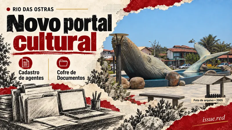 Colagem editorial com foto de arquivo da Praça da Baleia em 2005, referência geográfica de Rio das Ostras, e desenhos de documentos digitais.