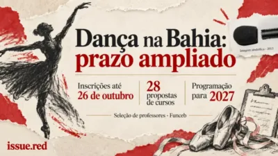 Colagem editorial com foto simbólica de microfone e desenhos de dança e formulário, sem retratar professores reais.