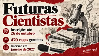 Colagem editorial com microfone de arquivo e desenhos simbólicos de instrumentos de laboratório; inscrições até 26 de outubro