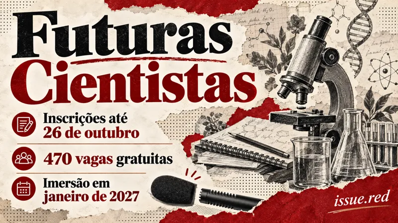 Colagem editorial com microfone de arquivo e desenhos simbólicos de instrumentos de laboratório; inscrições até 26 de outubro